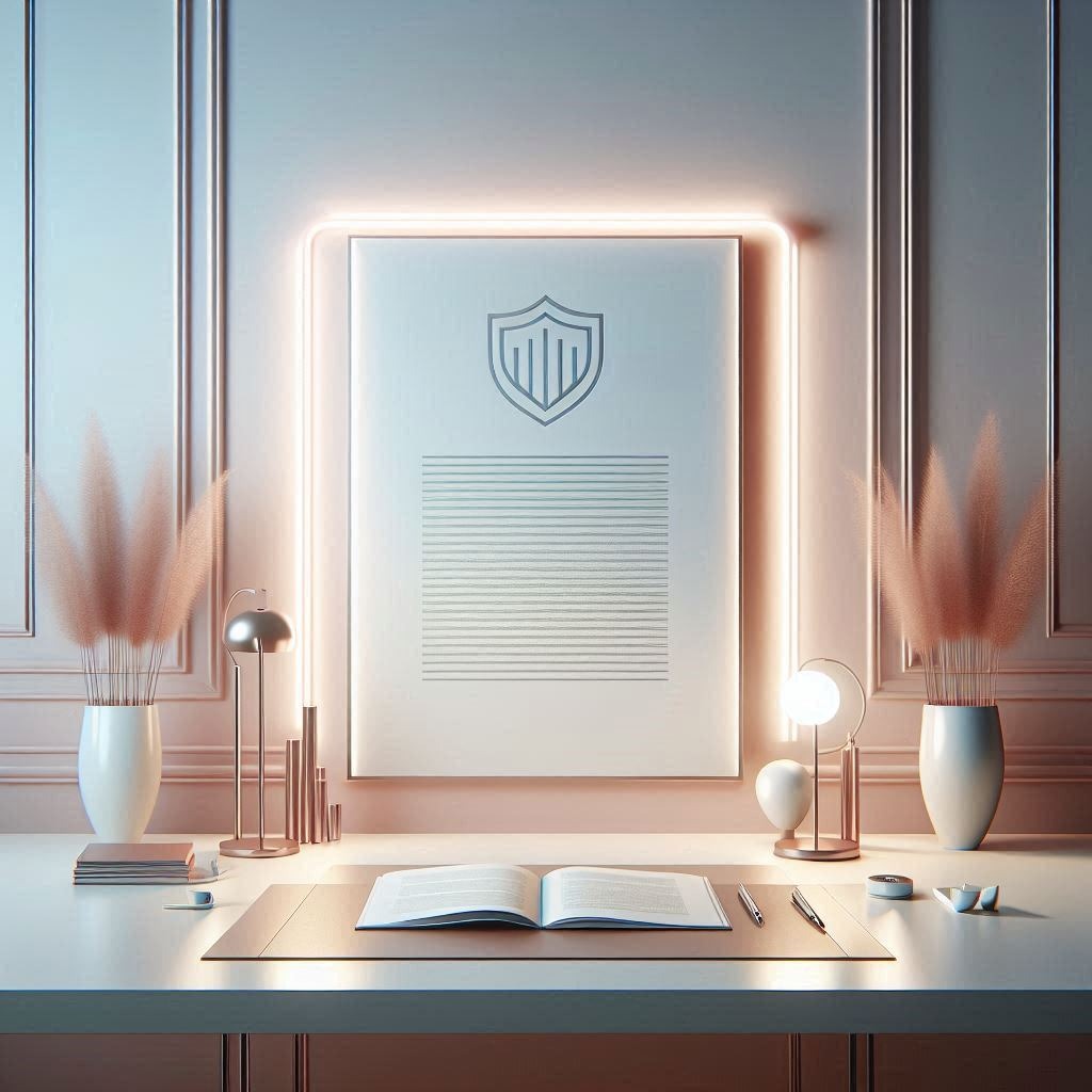 Visuel représentant des CGV gratuites posées sur un bureau, style professionnel minimaliste pastel